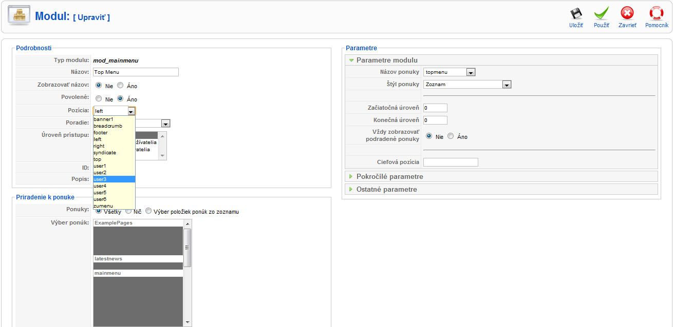 Chybajuce menu v joomla - Modul Upraviť