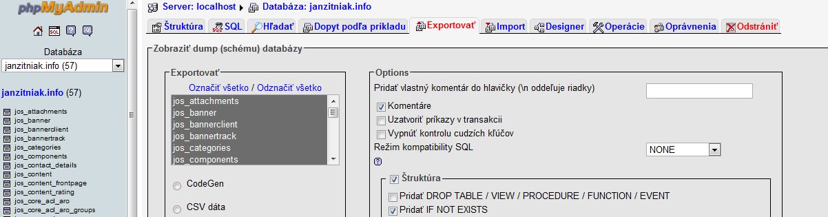 phpmyadmin - export databázy