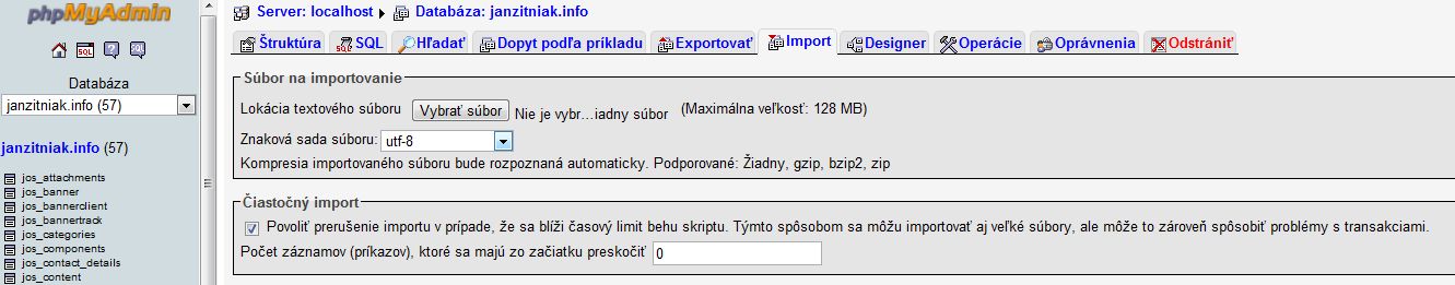 phpmyadmin - Import databázy
