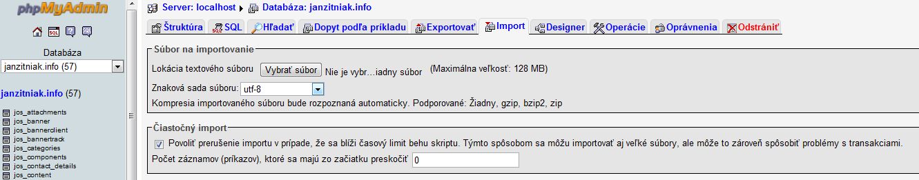 phpmyadmin - Import databázy